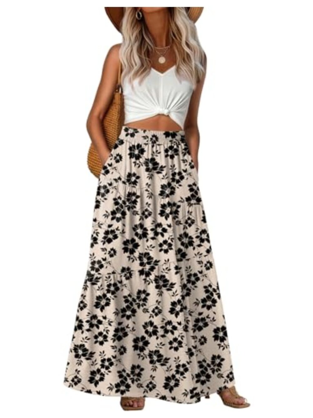 Women's Flowy Maxi Skirt with Pockets Elastic Waist Bohemian Beach Vacation